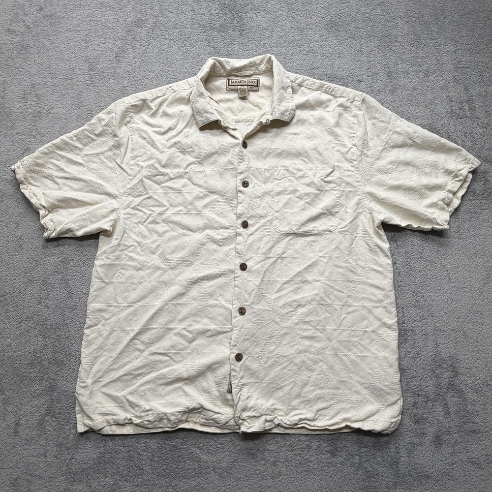 Jamaica Jaxx Shirt Mens Large Ivory Silk Jacquard Camp Hawaiian Button Front‎